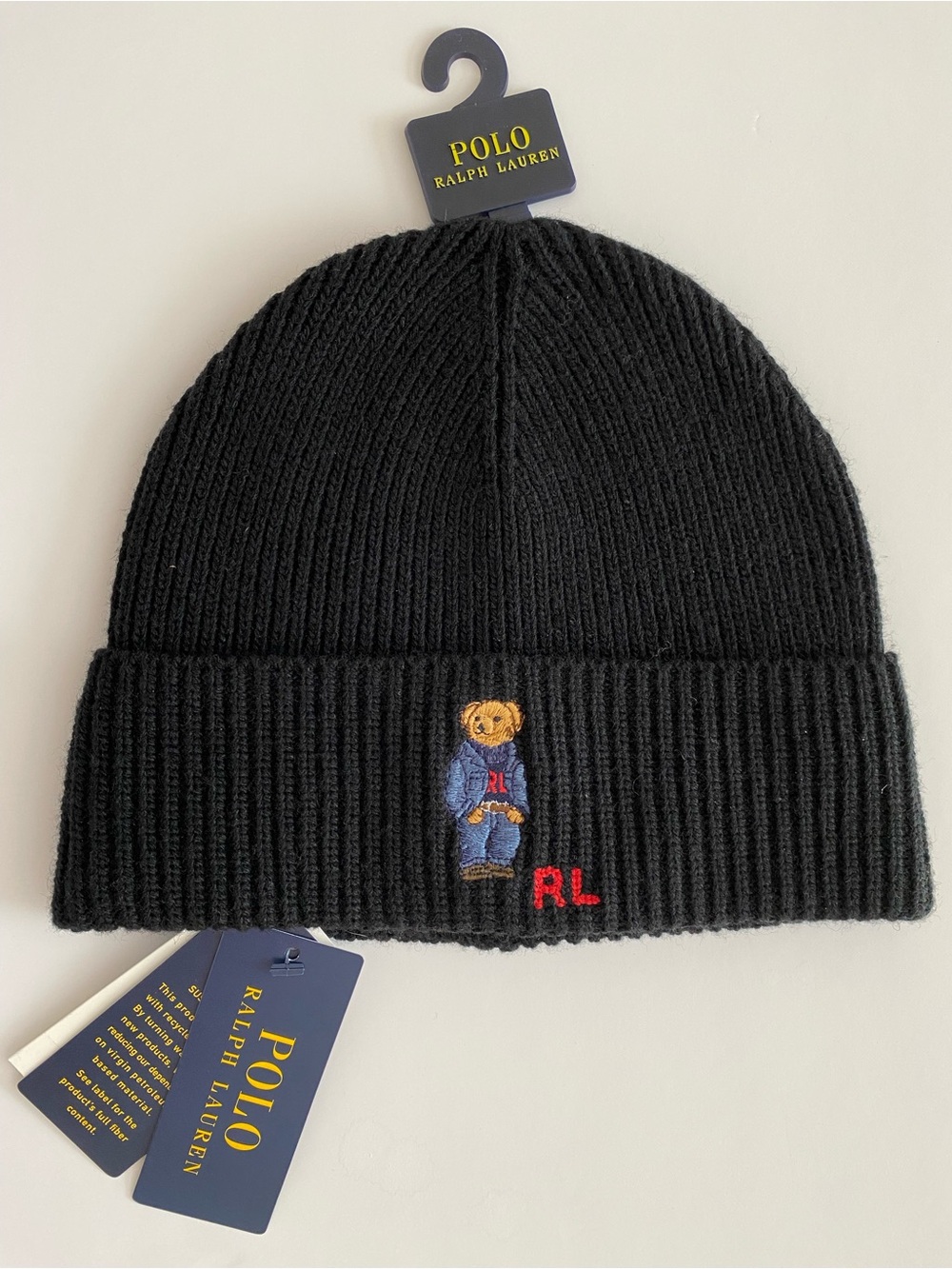 Polo Ralph Lauren Teddy Bear Beanie Black ribbed knit NWT wool blend